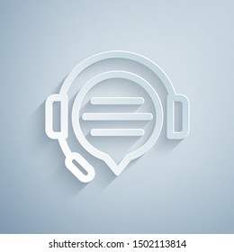 Paper cut Headphones with speech bubble chat icon isolated on grey background. Support customer service, hotline, call center, faq, maintenance. Paper art style. Vector Illustration