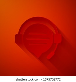 Paper cut Headphones with speech bubble chat icon isolated on red background. Support customer service, hotline, call center, faq, maintenance. Paper art style. Vector Illustration