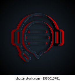 Paper cut Headphones with speech bubble chat icon isolated on black background. Support customer service, hotline, call center, faq, maintenance. Paper art style. Vector Illustration