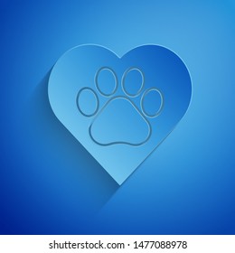 Paper cut Heart with animals footprint icon isolated on blue background. Pet paw in heart. Love to the animals. Paper art style. Vector Illustration