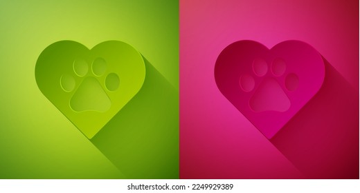 Paper cut Heart with animals footprint icon isolated on green and pink background. Pet paw in heart. Love to the animals. Paper art style. Vector