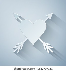 Paper cut Heart with arrow icon isolated on grey background. Happy Valentine's day. Cupid dart pierced to the heart. Love symbol. Amour symbol. Paper art style. Vector Illustration