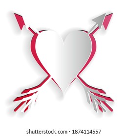 Paper cut Heart with arrow icon isolated on white background. Happy Valentine's day. Cupid dart pierced to the heart. Love symbol. Amour symbol. Paper art style. Vector.