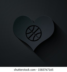Paper cut Heart with basketball ball inside icon isolated on black background. Basketball love. Paper art style. Vector Illustration