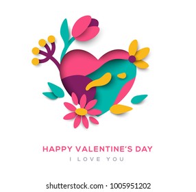 Paper cut heart with blooming flowers, leaves and abstract shapes on white background. Vector illustration. Saint Valentine's day concept