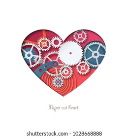 Paper cut heart. Colorful heart, with 3D gear mechanism. Modern vector illustration. Banner, card.