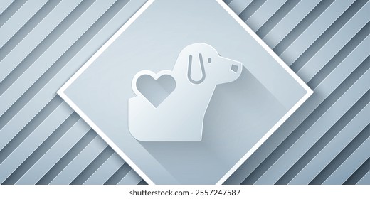Paper cut Heart with dog icon isolated on grey background. Pet paw in heart. Love to the animals. Paper art style. Vector