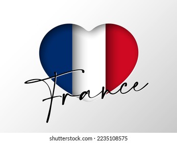 Paper cut heart with flag of France and calligraphic lettering. Best for mobile apps, UI and web design. Editable vector illustration EPS 10.