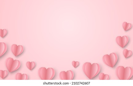 Paper cut heart flying on pink background. Happy Valentine's Day, Women's, Mother's greeting card. vector illustration in origami craft style.