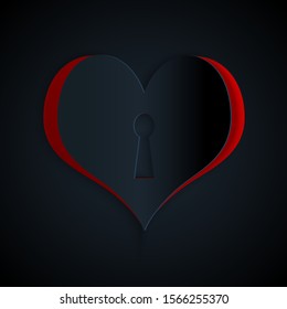 Paper cut Heart with keyhole icon isolated on black background. Locked Heart. Love symbol and keyhole sign. Paper art style. Vector Illustration