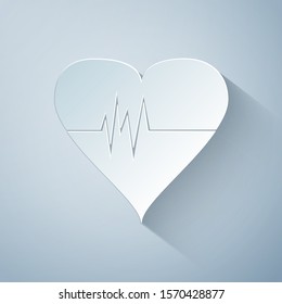 Paper cut Heart rate icon isolated on grey background. Heartbeat sign. Heart pulse icon. Cardiogram icon. Paper art style. Vector Illustration