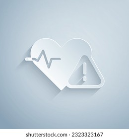 Paper cut Heart rate icon isolated on grey background. Heartbeat sign. Heart pulse icon. Cardiogram icon. Paper art style. Vector