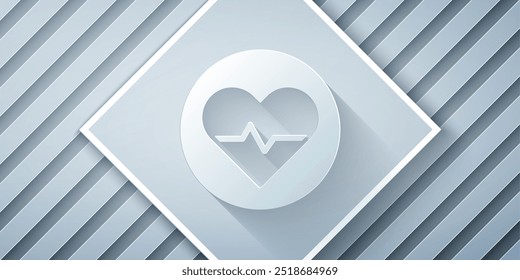 Icono de ritmo cardíaco de corte de papel aislado sobre fondo gris. Signo de latido cardíaco. Icono de pulso cardíaco. Icono de cardiograma. Estilo de arte de papel. Vector