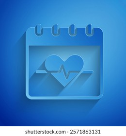 Paper cut Heart rate icon isolated on blue background. Heartbeat sign. Heart pulse icon. Cardiogram icon. Paper art style. Vector