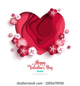 Paper cut heart with rose flowers and abstract shapes on white background. Vector illustration. Saint Valentine's day concept.