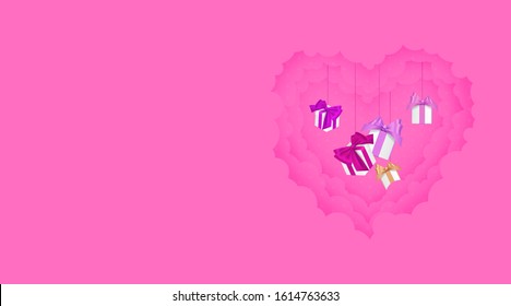 Paper cut heart shape 3D design Vector illustration love, 8 March and Valentine's day of paper style cloud with gift in clouds. Paper cut style. Vector pink illustration.