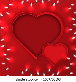 Paper cut heart shape and bright garland on red background and space for your copy. Valentine's Day, Mother's Day, Women's Day or Wedding invitation festive decoration on red background. Vector