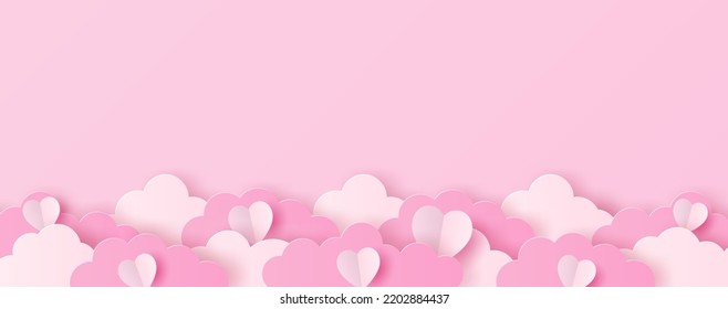 Paper cut of heart shape and clouds on pink background. Valentines background with copy space for your text. Vector illustration