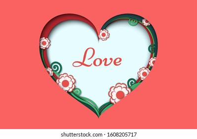 Paper cut heart shape decorated with beautiful flowers. Valentine's day holiday concept design. Abstract green, red, pink waves layers. Cute Layout for greeting card, poster, banner, brochure, flyer.