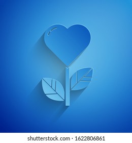 Paper cut Heart shape in a flower icon isolated on blue background. Paper art style. Vector Illustration