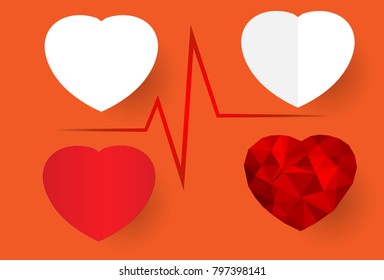 Paper cut heart shape set, white , red color set, Valentine's day concept, vector art and illustration.