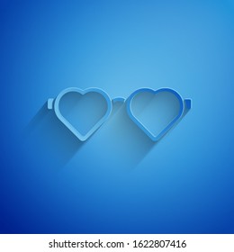 Paper cut Heart shaped love glasses icon isolated on blue background. Suitable for Valentine day card design. Paper art style. Vector Illustration