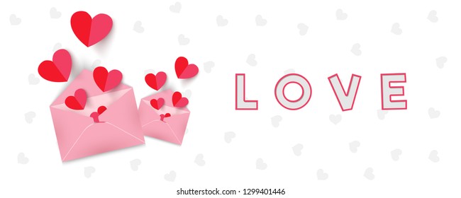 Paper cut heart shapes popping out from envelope, Love header or banner design for Valentine's Day.