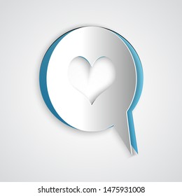 Paper cut Heart in speech bubble icon isolated on grey background. Heart shape in message bubble. Love sign. Valentines day symbol. Paper art style. Vector Illustration