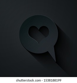 Paper cut Heart in speech bubble icon isolated on black background. Heart shape in message bubble. Love sign. Valentines day symbol. Paper art style. Vector Illustration