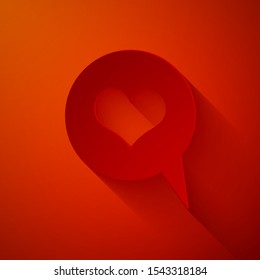 Paper cut Heart in speech bubble icon isolated on red background. Heart shape in message bubble. Love sign. Valentines day symbol. Paper art style. Vector Illustration