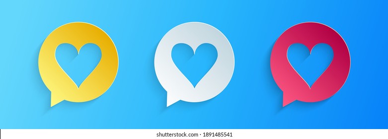 Paper cut Heart in speech bubble icon isolated on blue background. Heart shape in message bubble. Love sign. Valentines day symbol. Paper art style. Vector.