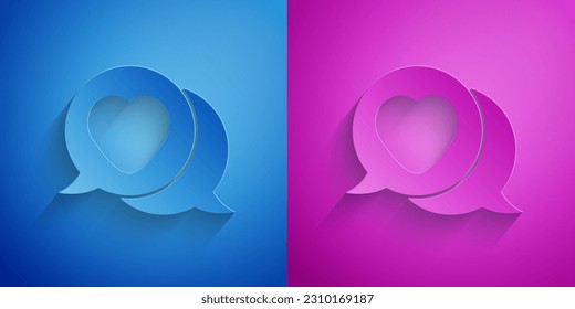 Paper cut Heart in speech bubble icon isolated on blue and purple background. Paper art style. Vector