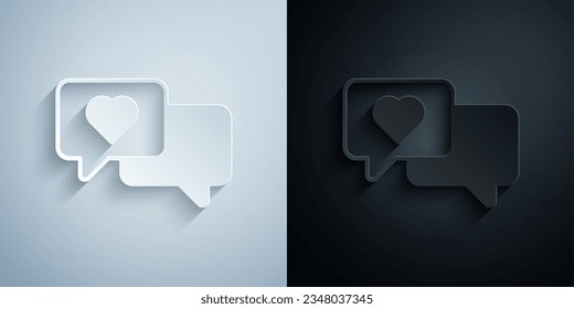 Paper cut Heart in speech bubble icon isolated on grey and black background. Happy Valentines day. Paper art style. Vector