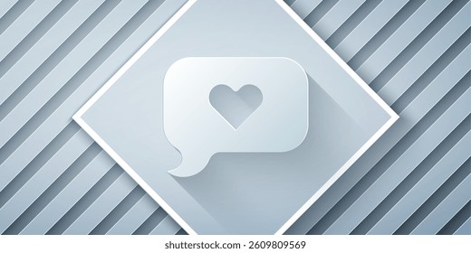 Paper cut Heart in speech bubble icon isolated on grey background. Happy Valentines day. Paper art style. Vector