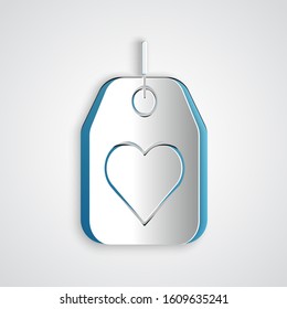 Paper cut Heart tag icon isolated on grey background. Love symbol. Valentine day symbol. Paper art style. Vector Illustration