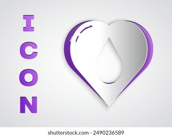 Paper cut Heart with water drop icon isolated on grey background. Paper art style. Vector Illustration