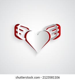 Paper cut Heart with wings icon isolated on grey background. Love symbol. Valentines day. Paper art style. Vector