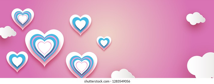 Paper cut hearts decorated background for Valentine's Day celebration header or banner design.