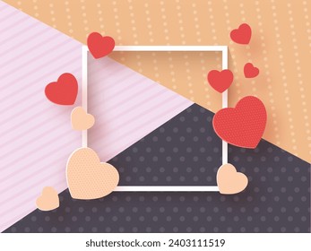 Papier geschnitten Hearts dekoriert leerer Quadrat Rahmen auf buntem, abstraktem Muster Hintergrund. Kann als Love Card Design verwendet werden.