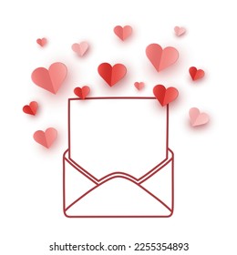 Paper cut hearts with envelope. Concept of a love message. Design for Valentine’s Day. Vector illustration