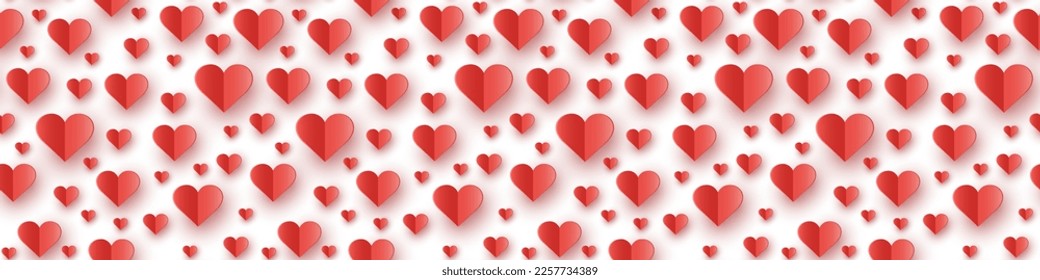 Paper cut hearts flying on white background. Seamless texture. Concept of design for Valentine’s Day, Mother’s Day and Women’s Day. Banner. Vector illustration