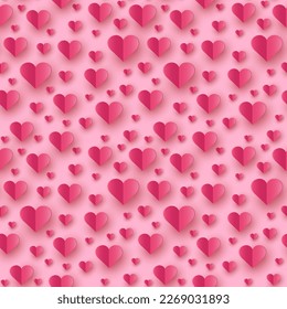 Paper cut hearts flying on pink background. Seamless texture. Concept of design for Valentine’s Day, Mother’s Day and Women’s Day. Vector illustration