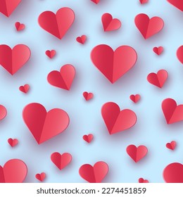 Paper cut hearts flying on blue background. Seamless texture. Concept of design for Valentine’s Day, Mother’s Day and Women’s Day. Vector illustration