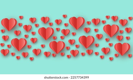 Paper cut hearts on blue background. Design for Valentine’s Day, Mother’s Day and Women’s Day. Vector illustration