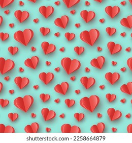 Paper cut hearts on blue background. Seamless pattern design. Vector illustration