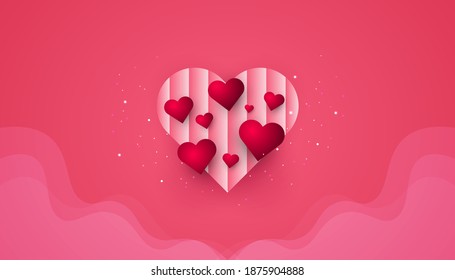 Paper cut hearts on pink background with smoke