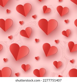 Paper cut hearts on pink background. Seamless pattern with symbols of love. Vector illustration