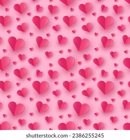 Paper cut hearts on pink background. Seamless pattern with symbols of love. Vector illustration