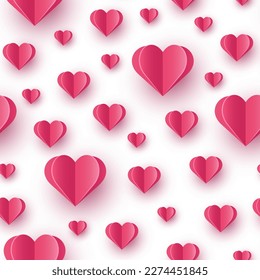 Paper cut hearts on white background. Seamless pattern design. Vector illustration