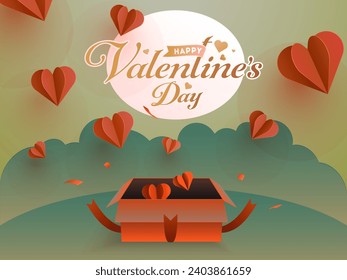 Paper Cut Hearts Popping Out From Gift Box on Green Cloudy Background for Happy Valentine's Day Celebration.